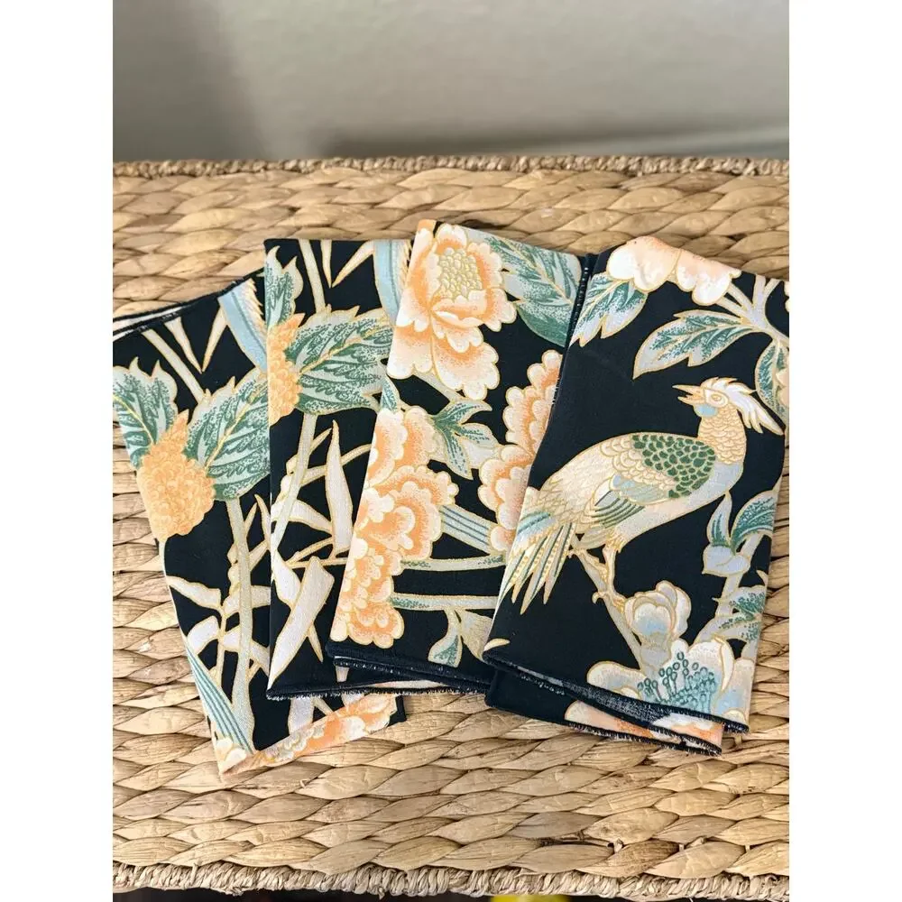 Set of 4 Chinoiserie Pheasant Floral Cloth Napkins Black Peach 17” Square